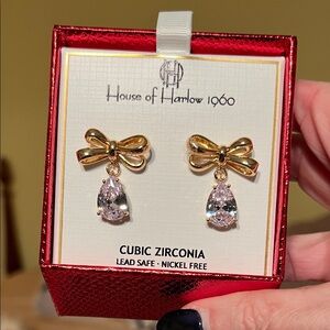 NIB House of Harlow 1960 Gold Bow Earrings with Sparkling Accents